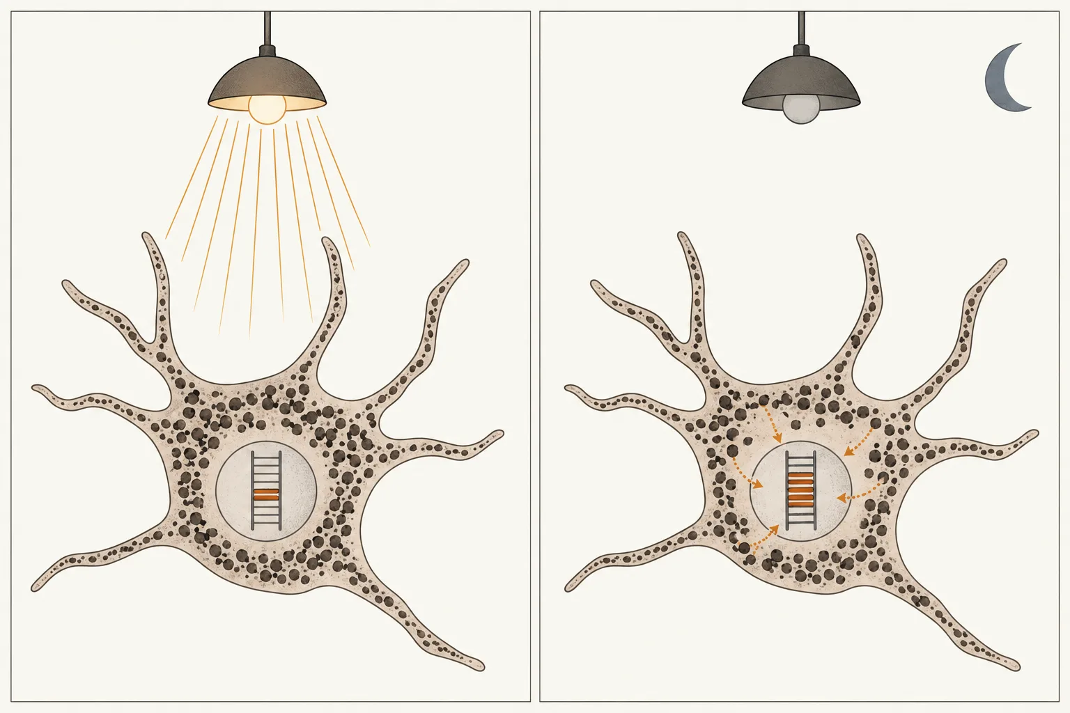 Two panels. With the lamp on, a pigment cell's DNA carries a little damage. With the lamp off and a moon in the corner, the same cell's DNA carries more, and dotted arrows run from the pigment granules to the DNA.