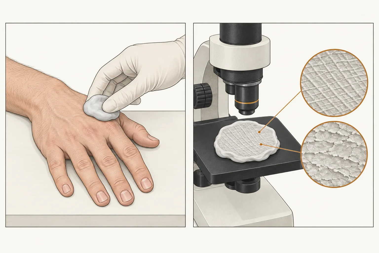 Left: a gloved hand presses a pad of impression material onto the back of a person's hand. Right: the cast under a microscope, with one magnified view of fine regular skin lines and one of coarse, flattened lines.