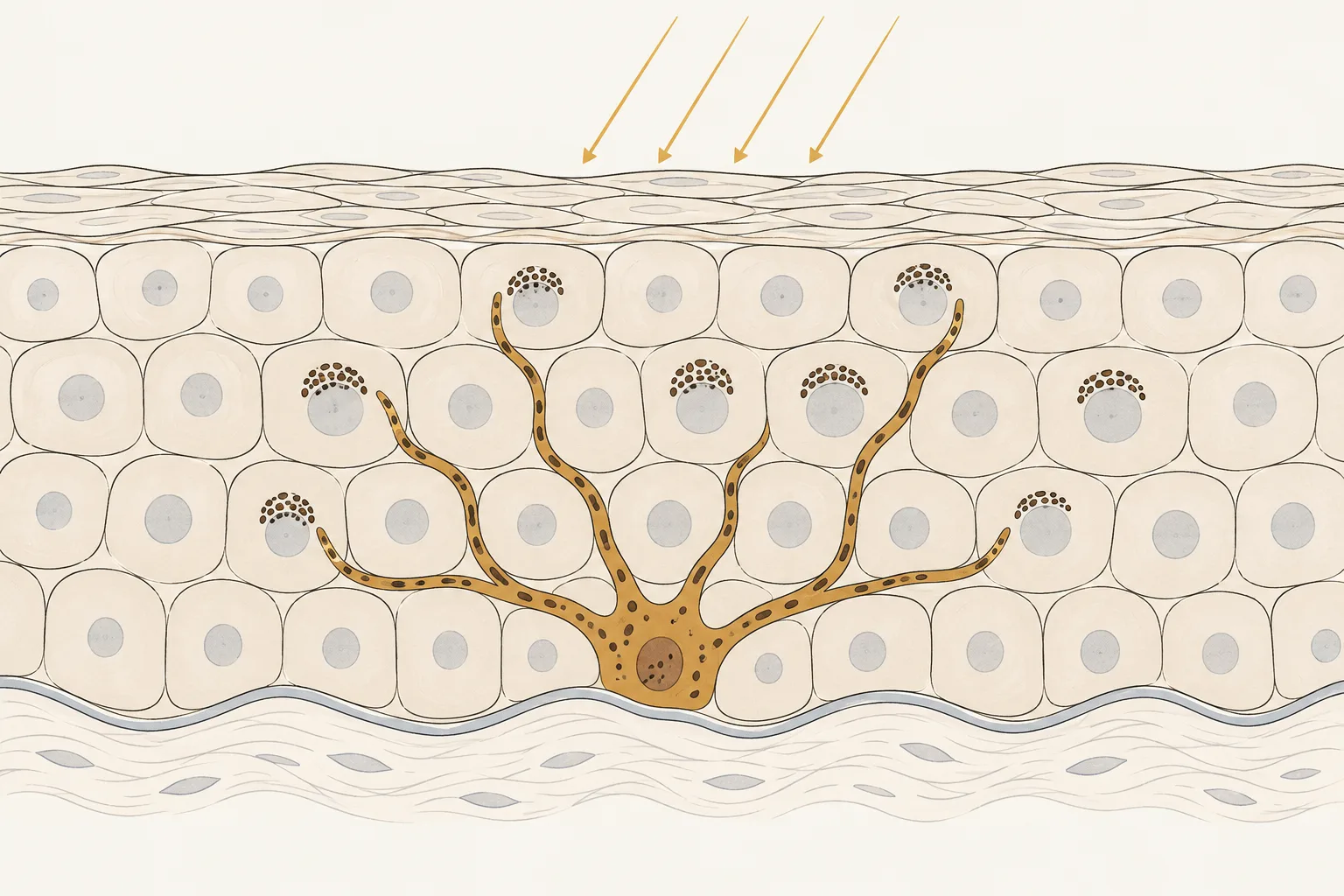 Cutaway of the epidermis. One branching pigment cell sits on the bottom boundary and reaches long arms between the ordinary skin cells around it. Dark granules sit as small caps over the nuclei of those cells.