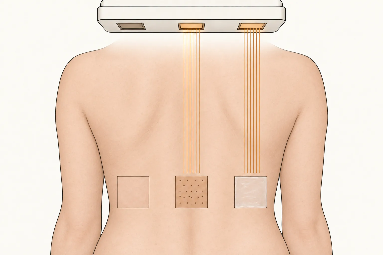 A person's lower back with three small square patches under a lamp with two lit openings: one unlit and unchanged, one tanned and dotted with many dark cells, one covered by a film of sunscreen and unchanged.