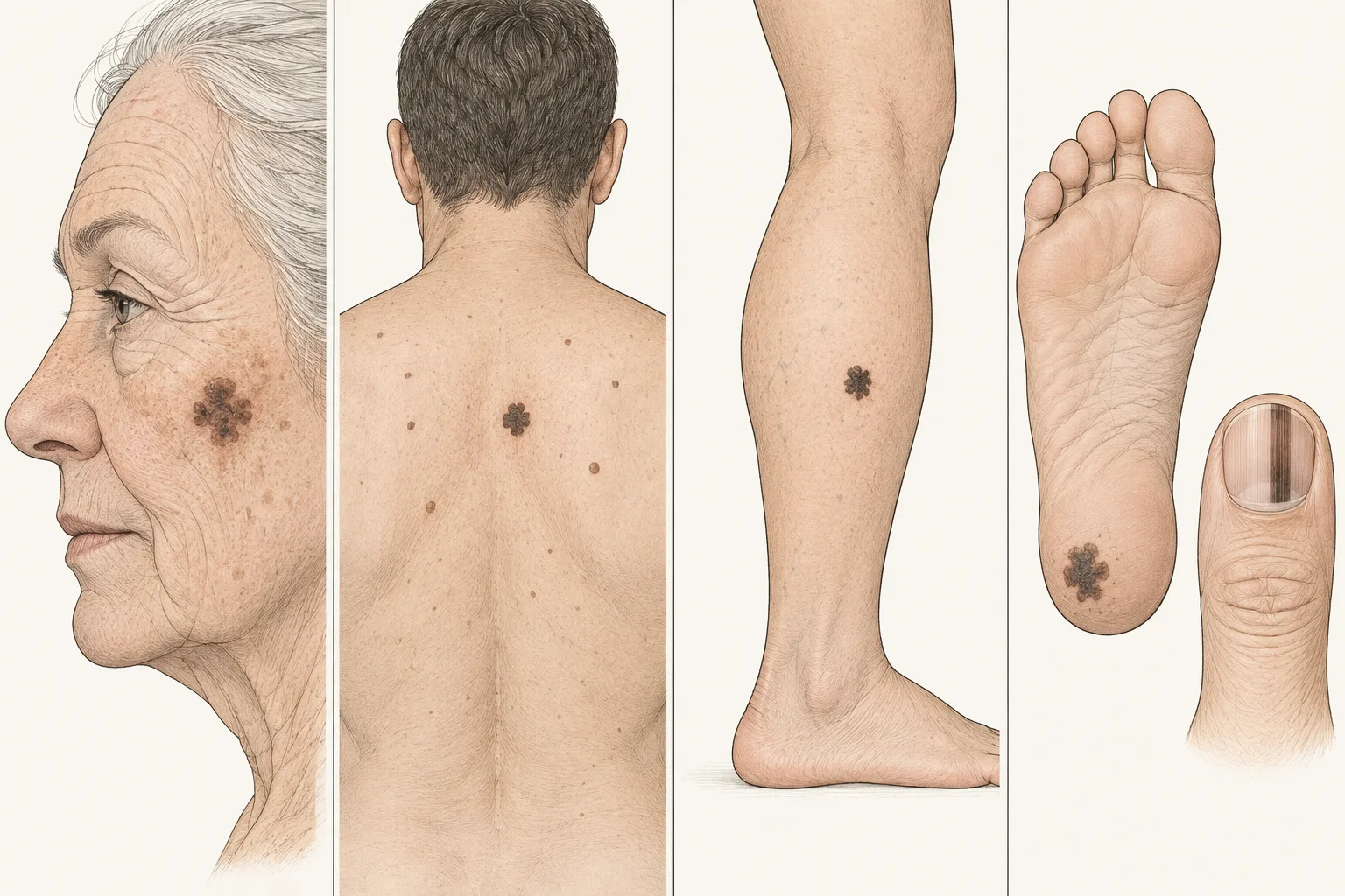 Four panels: a flat brown patch on an older person's weathered cheek, a dark spot on a man's upper back, a dark spot on a woman's calf, and a dark patch on the sole of a foot beside a dark stripe in a thumbnail.