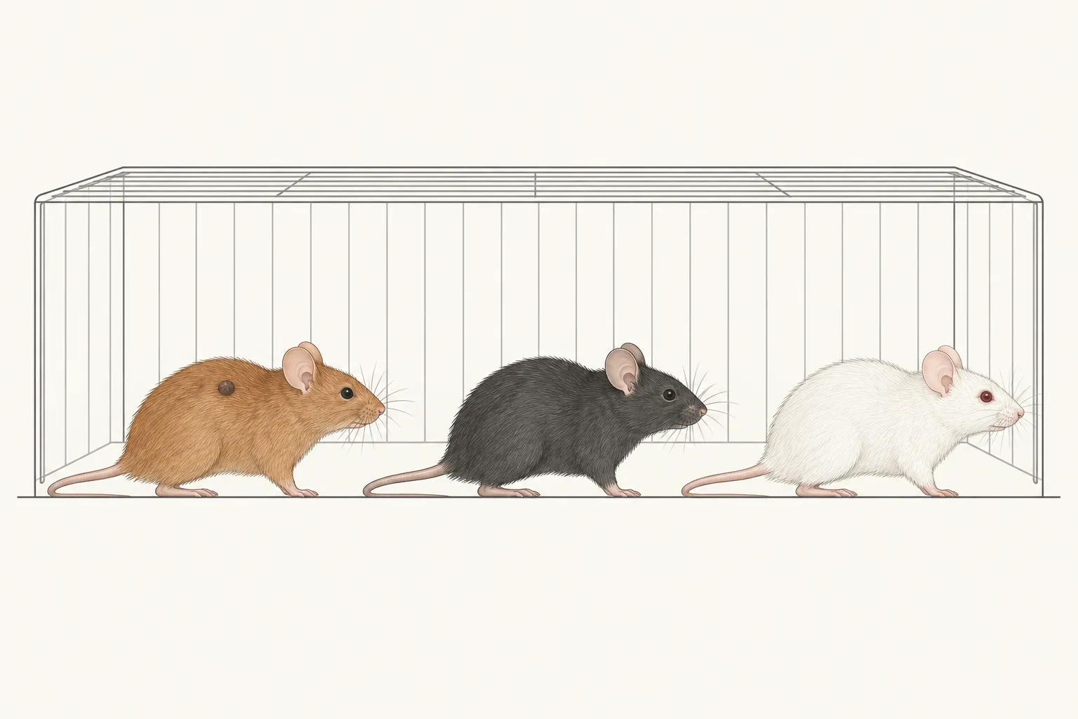 Three mice in a row, one red, one black, one white, in front of a cage with no lamp. The red mouse has a small dark tumor on its back.