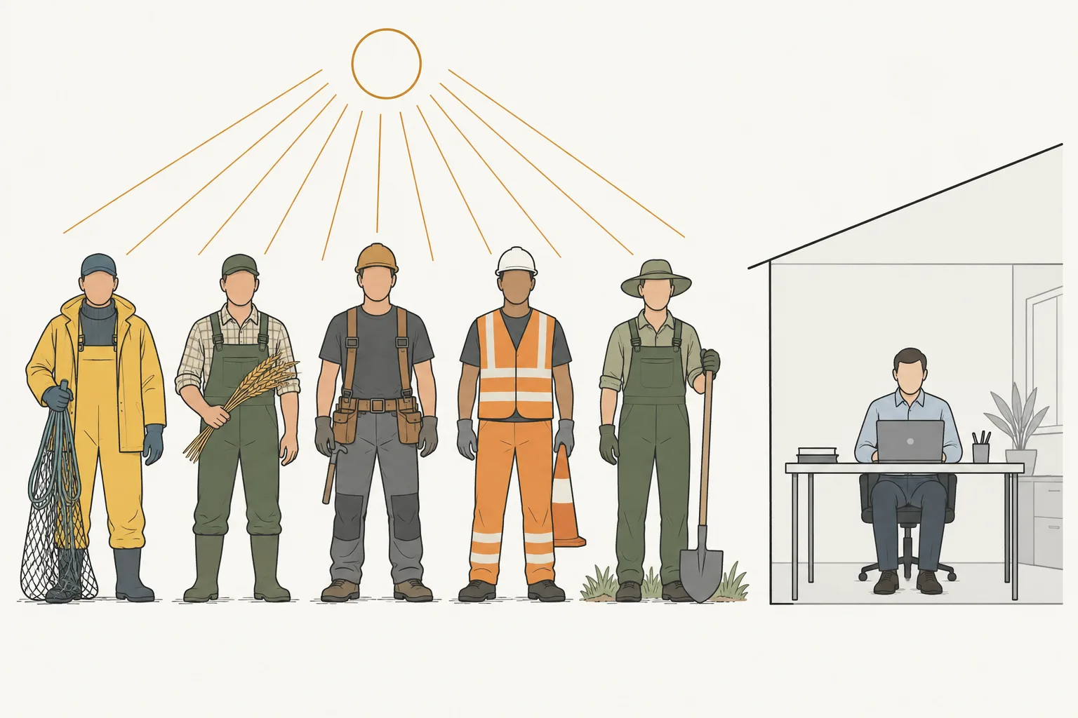 A row of five outdoor workers under the sun, a fisherman, a farmer, a roofer, a road worker, and a gardener, and one office worker at a desk under a roof.