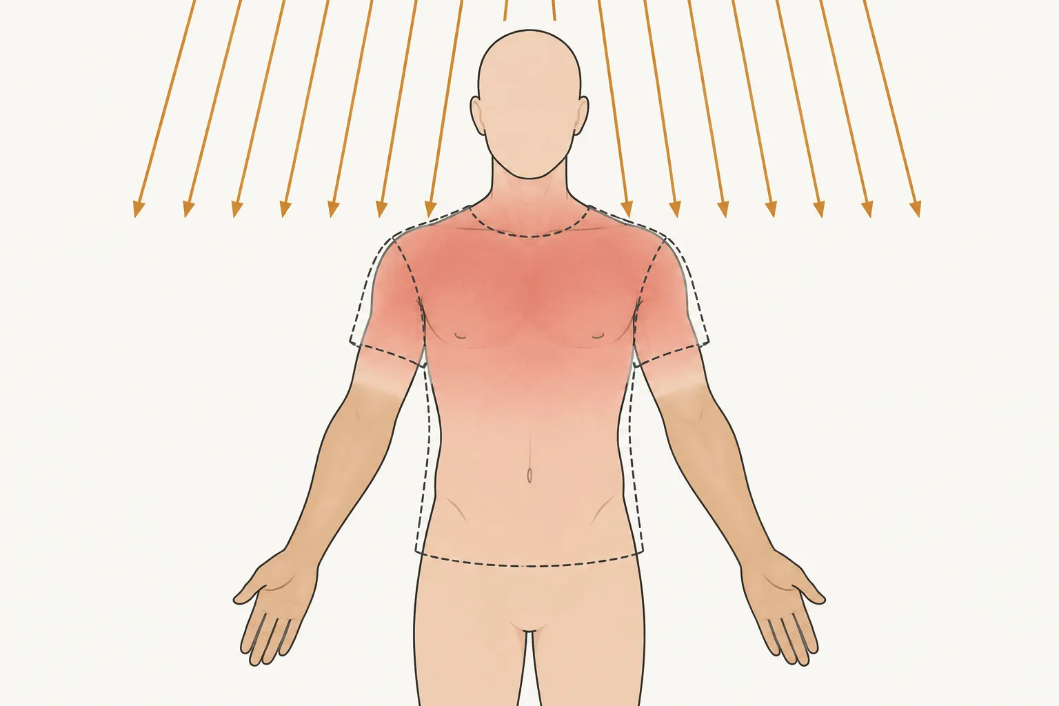 A figure under even rays. The forearms are lightly tanned and calm. The chest and shoulders, inside the dashed outline of a T-shirt, are red.