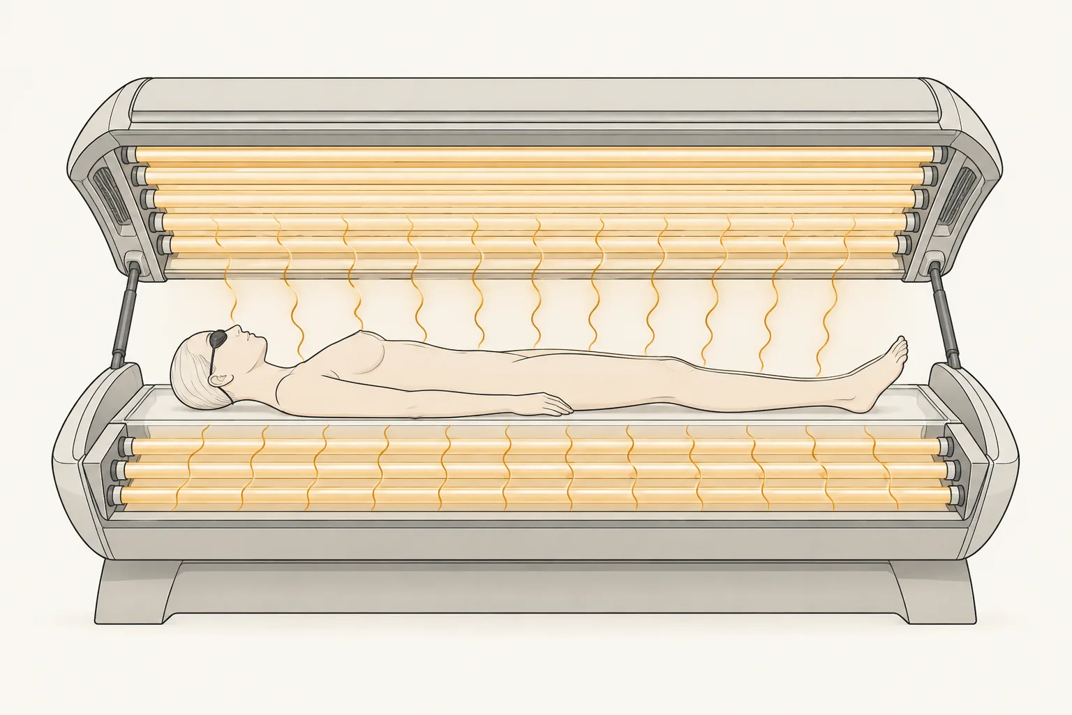 Side view of an open tanning bed with rows of tubes above and below a person lying in goggles.