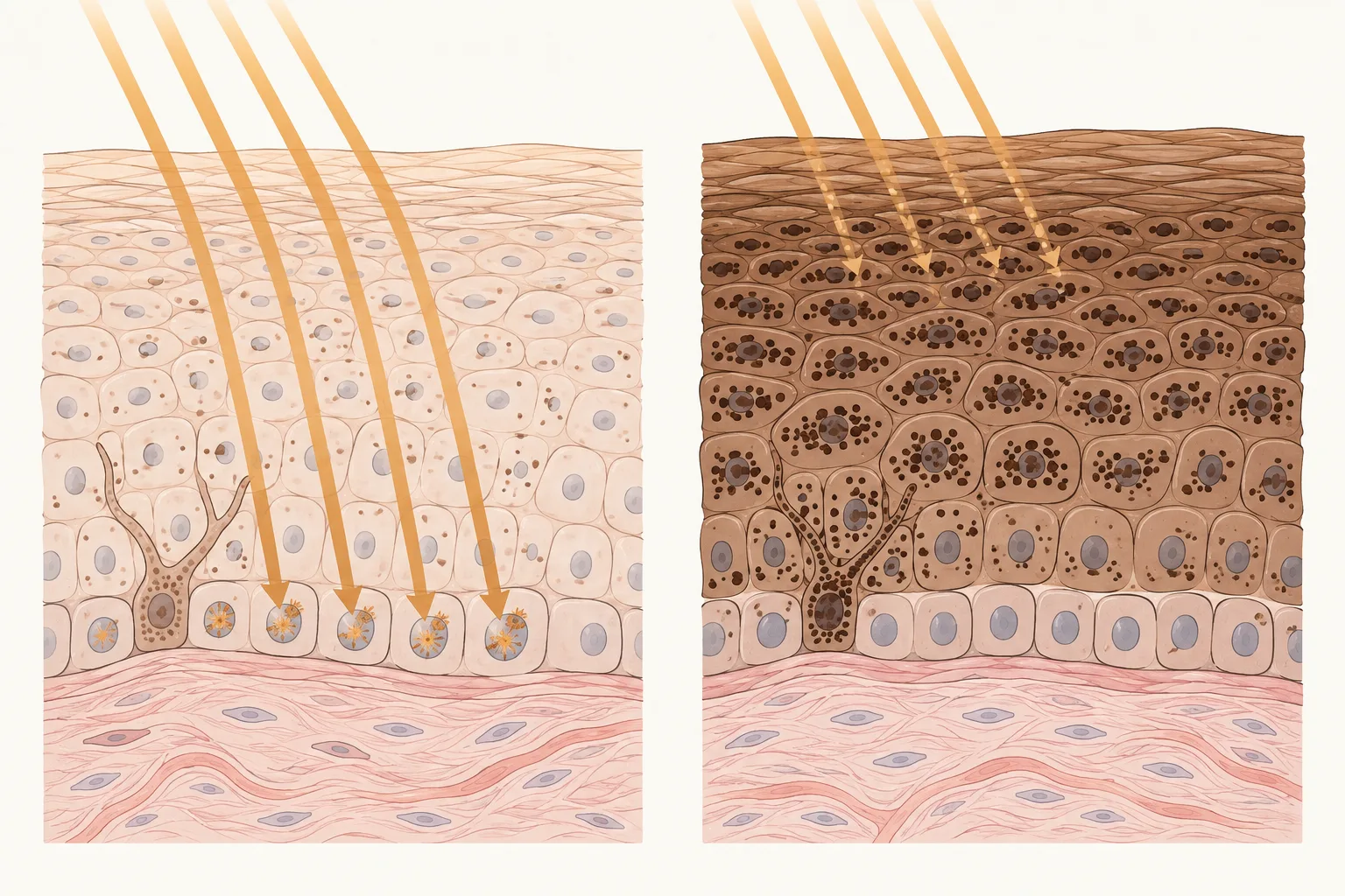 Two epidermis cutaways under the same rays. In very fair skin the rays reach the bottom layer and mark its nuclei. In very dark skin dense pigment stops the rays in the upper layers.