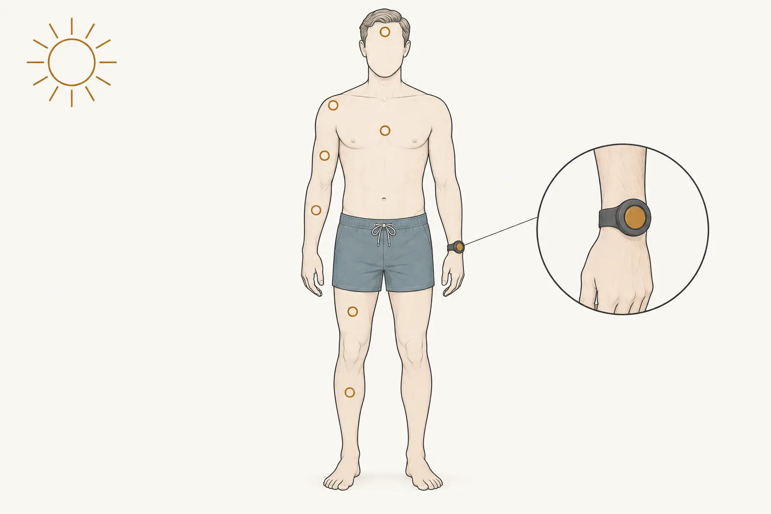 A standing figure in swim shorts with a small meter on one wrist and seven circles marking places on the body from forehead to lower leg.