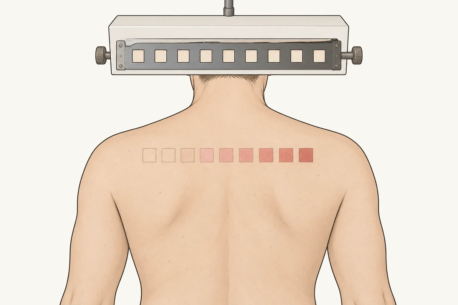 A person's back seen from behind with a row of nine small squares of skin, from unchanged on the left to clearly red on the right, under a lamp with nine matching openings.