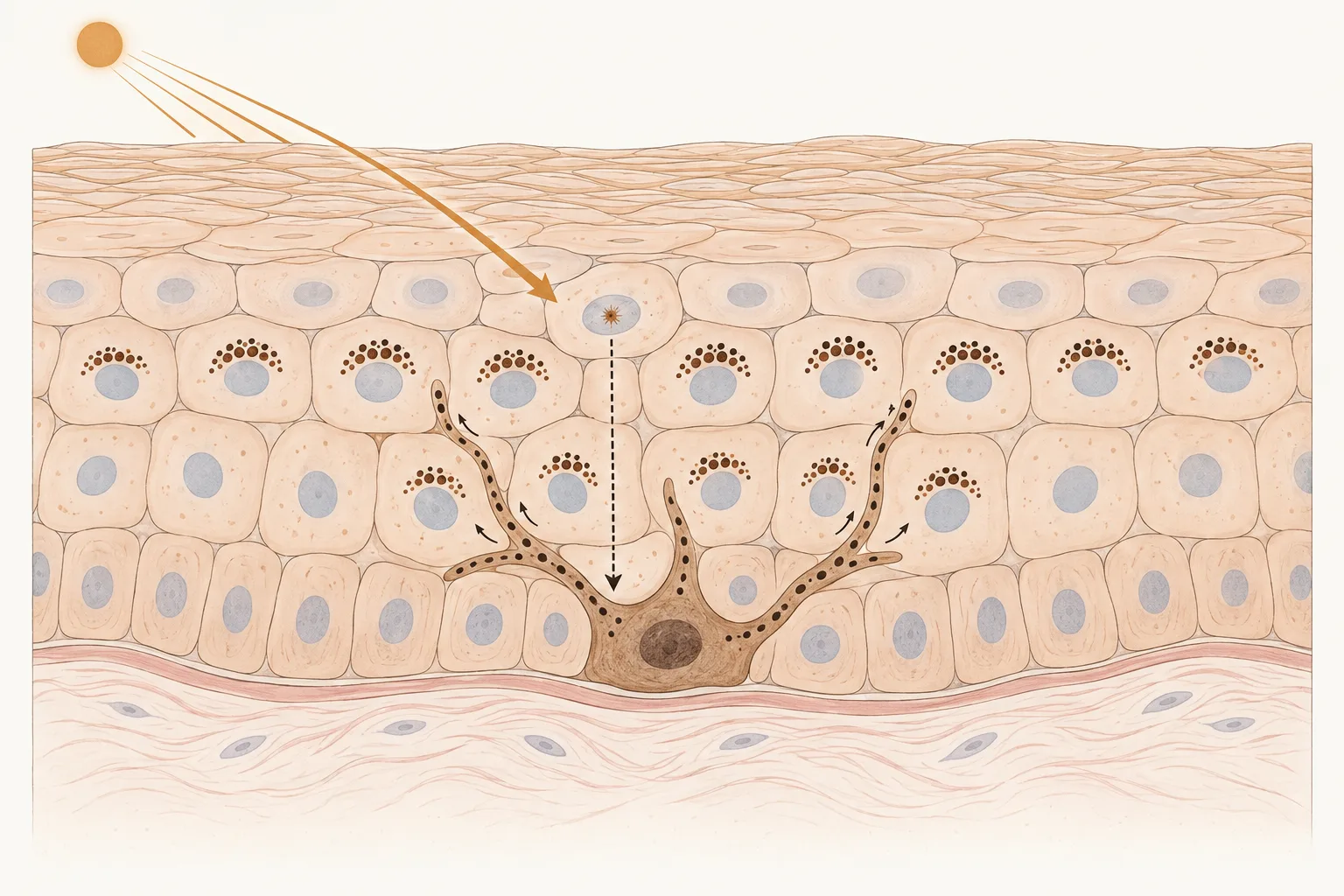 Cutaway of the epidermis. A ray reaches an ordinary skin cell, a dotted arrow runs from it down to a branching pigment cell, and the pigment cell passes dark granules to its neighbors, where they sit as caps over the nuclei.