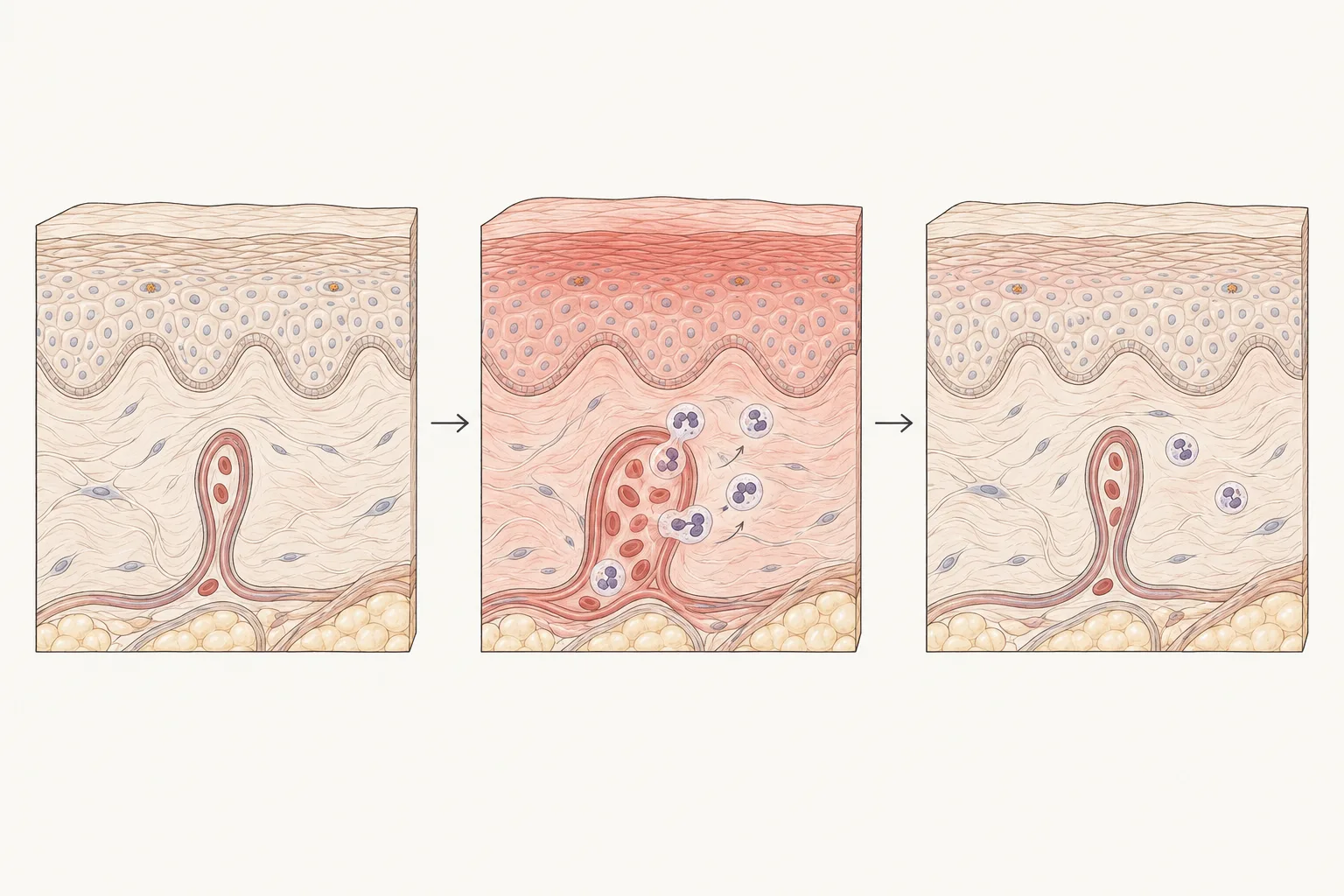 Three cutaways of skin in a row: calm skin with a narrow blood vessel, red skin with a wide vessel and white blood cells moving into the tissue, and skin that is settling again.
