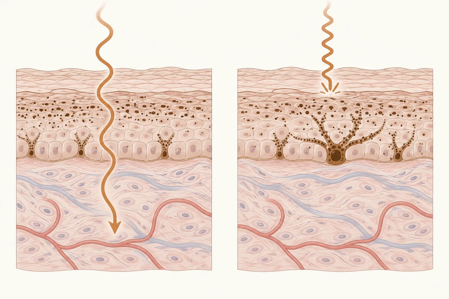 Two skin cutaways. On the left a long-wave ray passes deep into the dermis. On the right a short-wave ray stops in the epidermis above a large, busy pigment cell.